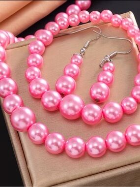 Pink Pearl Bead Necklace and Earrings Set - Women Jewelry